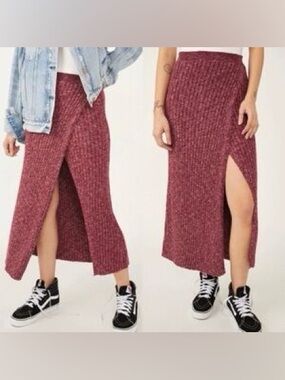 Free People Better Days Knit Midi Skirt Size XS Purple White Side Slit Ribbed